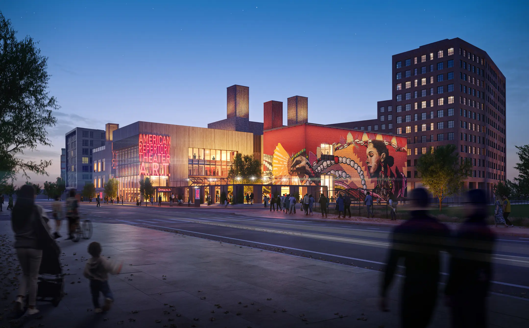 Exterior of American Repertory theater with decorative mural on wall