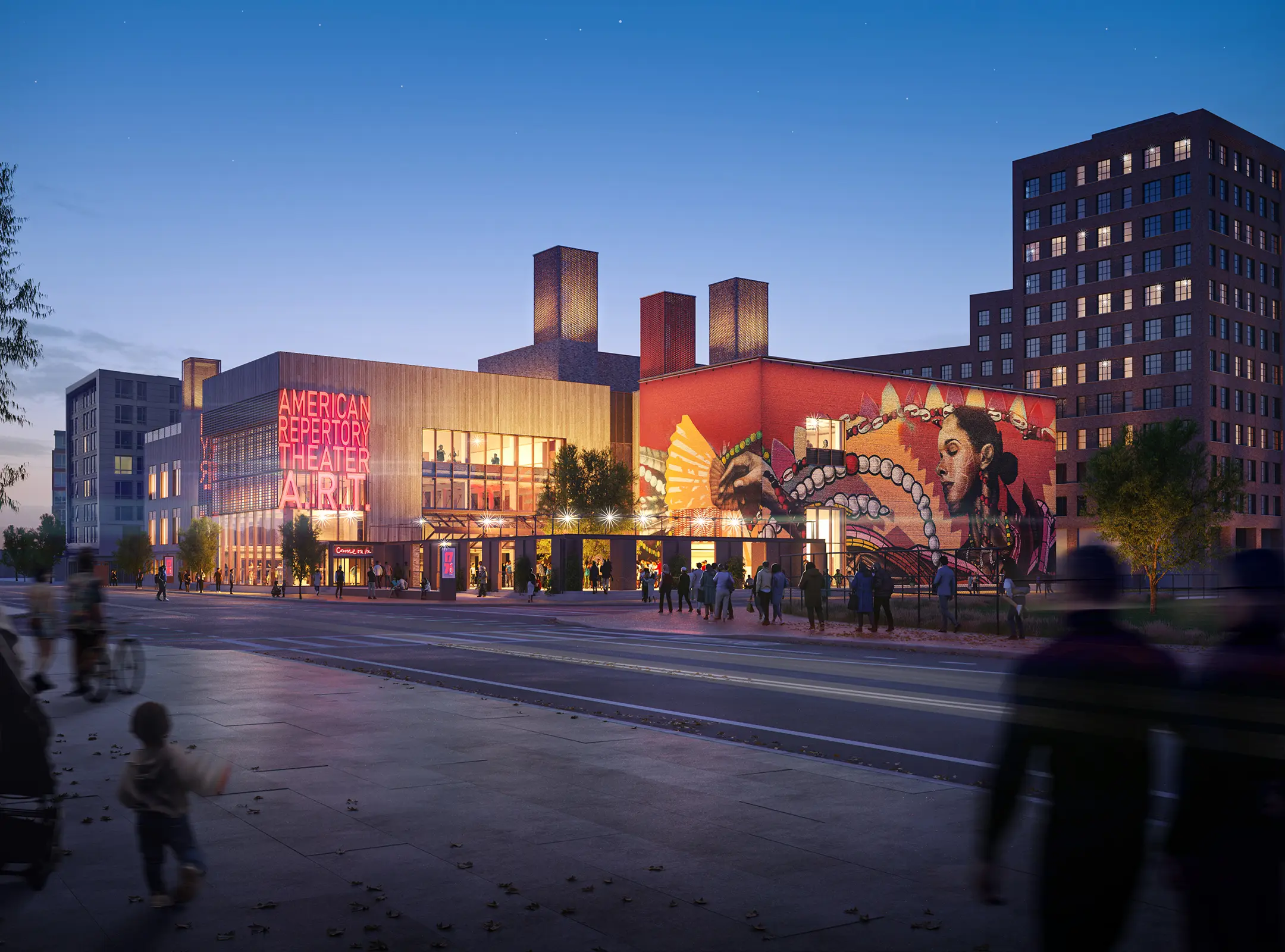Exterior of American Repertory theater with decorative mural on wall