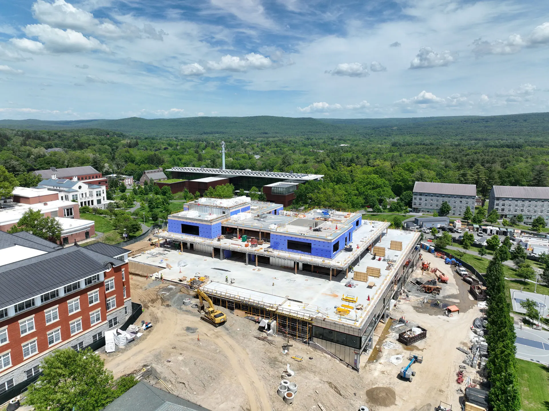 drone capture of cross laminated timber project at Amherst College with sheetrock in place