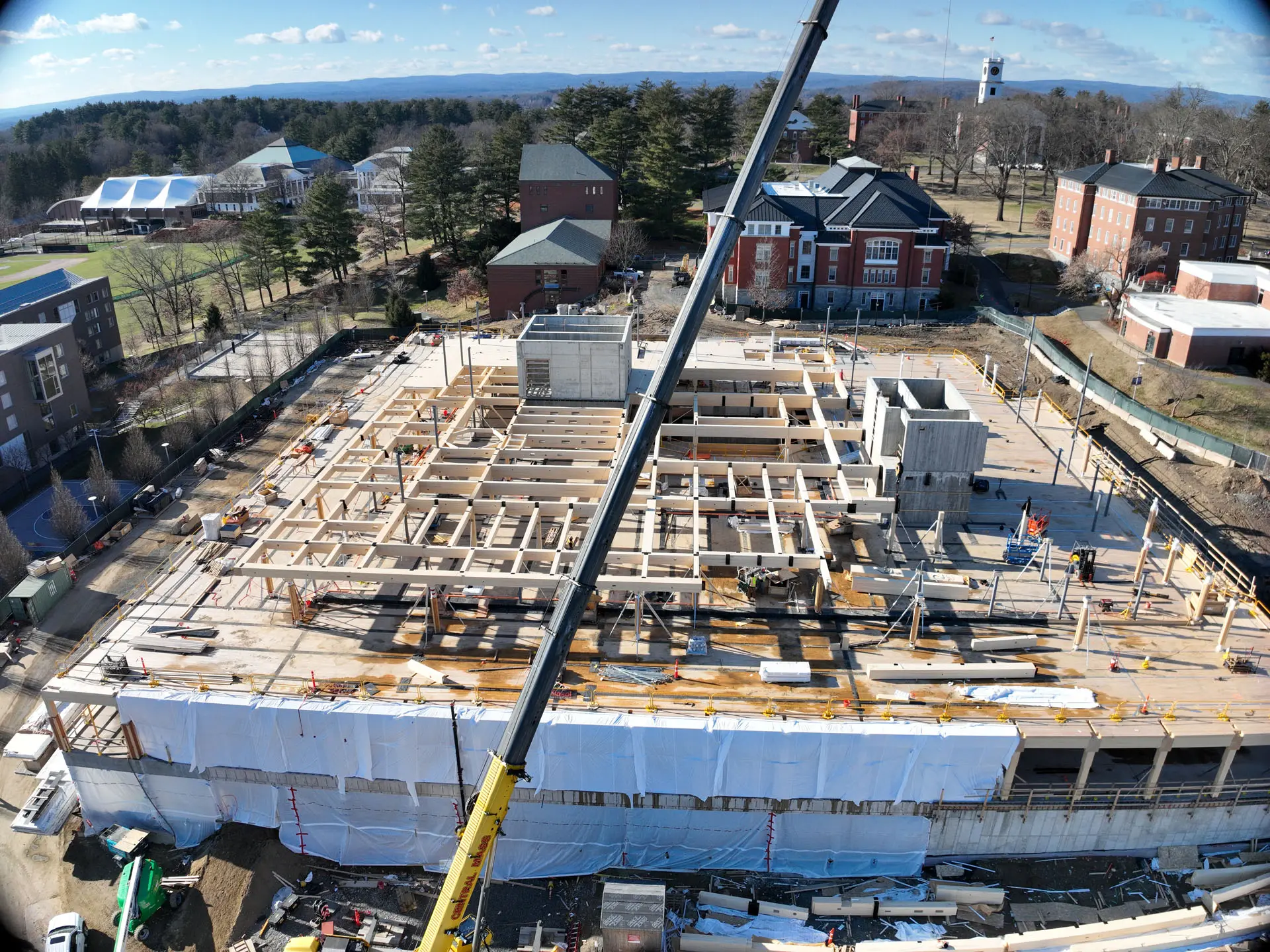 drone capture of cross laminated timber project at Amherst College in progress