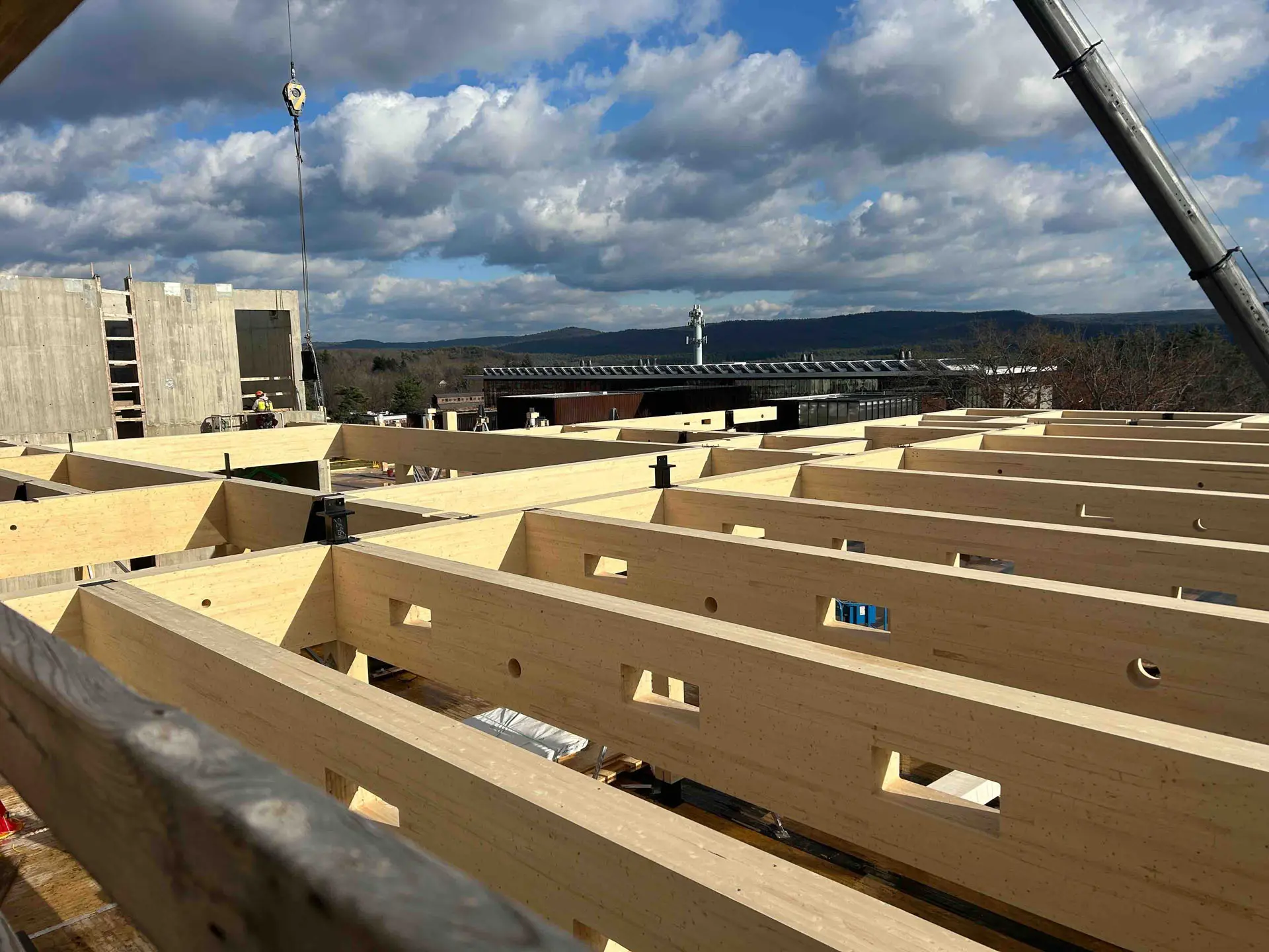 Cross timber beams in place at Amherst College