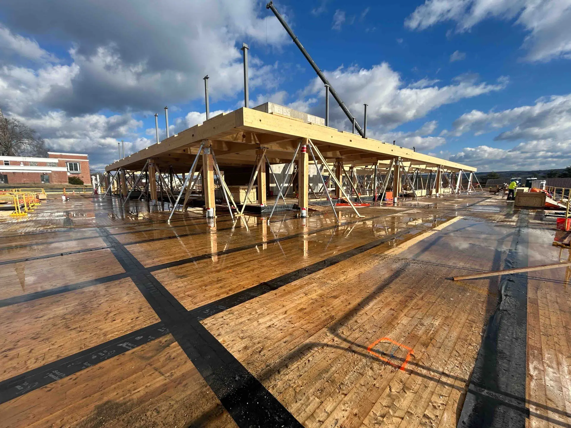 Timber flooring with cross timber beams and aluminum support struts at Amherst College