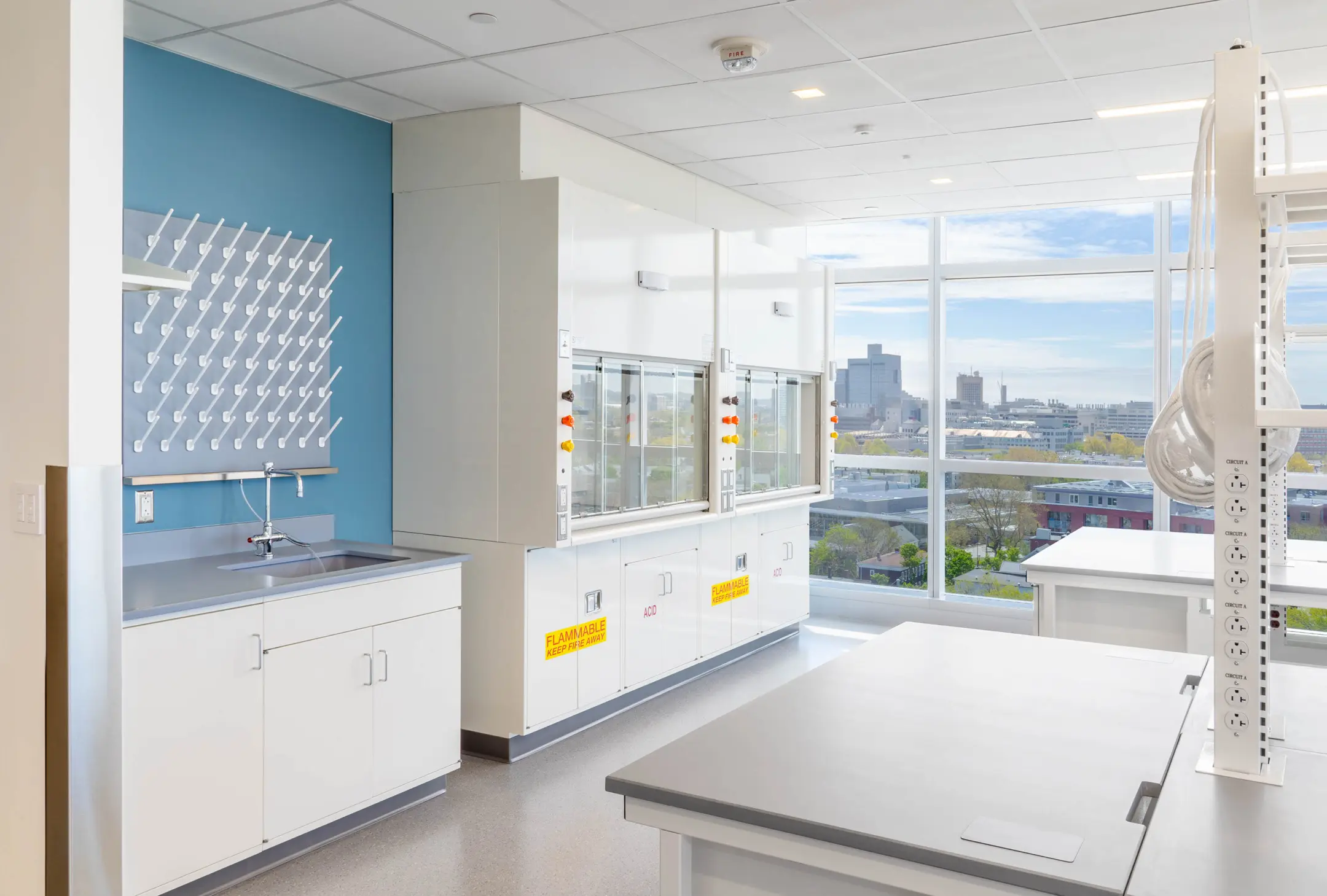 Fume hood and glassware rack over sink in laboratory