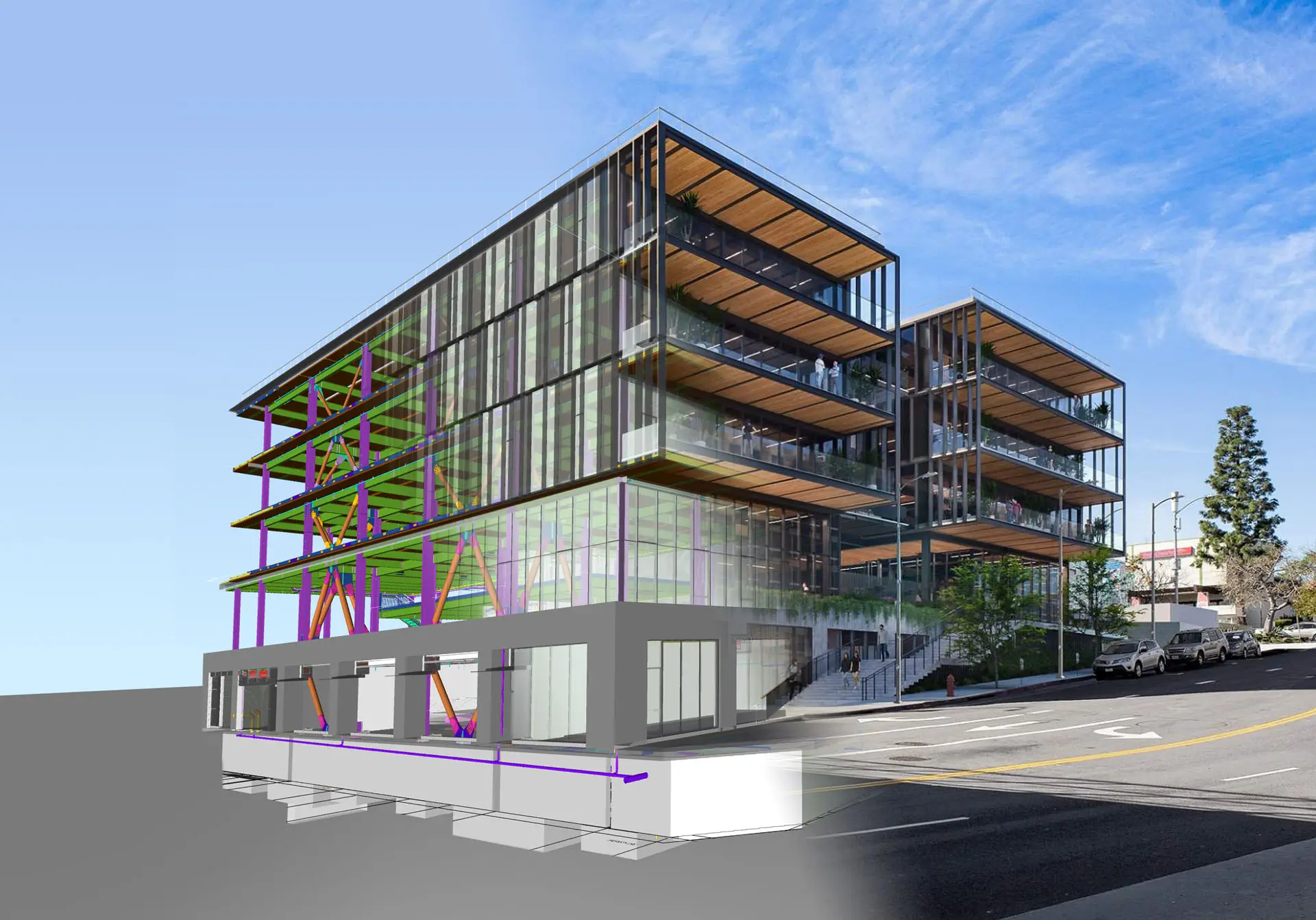 Rendering of glass five story 843 North Spring Street building with street and cars along with some building infrastructure