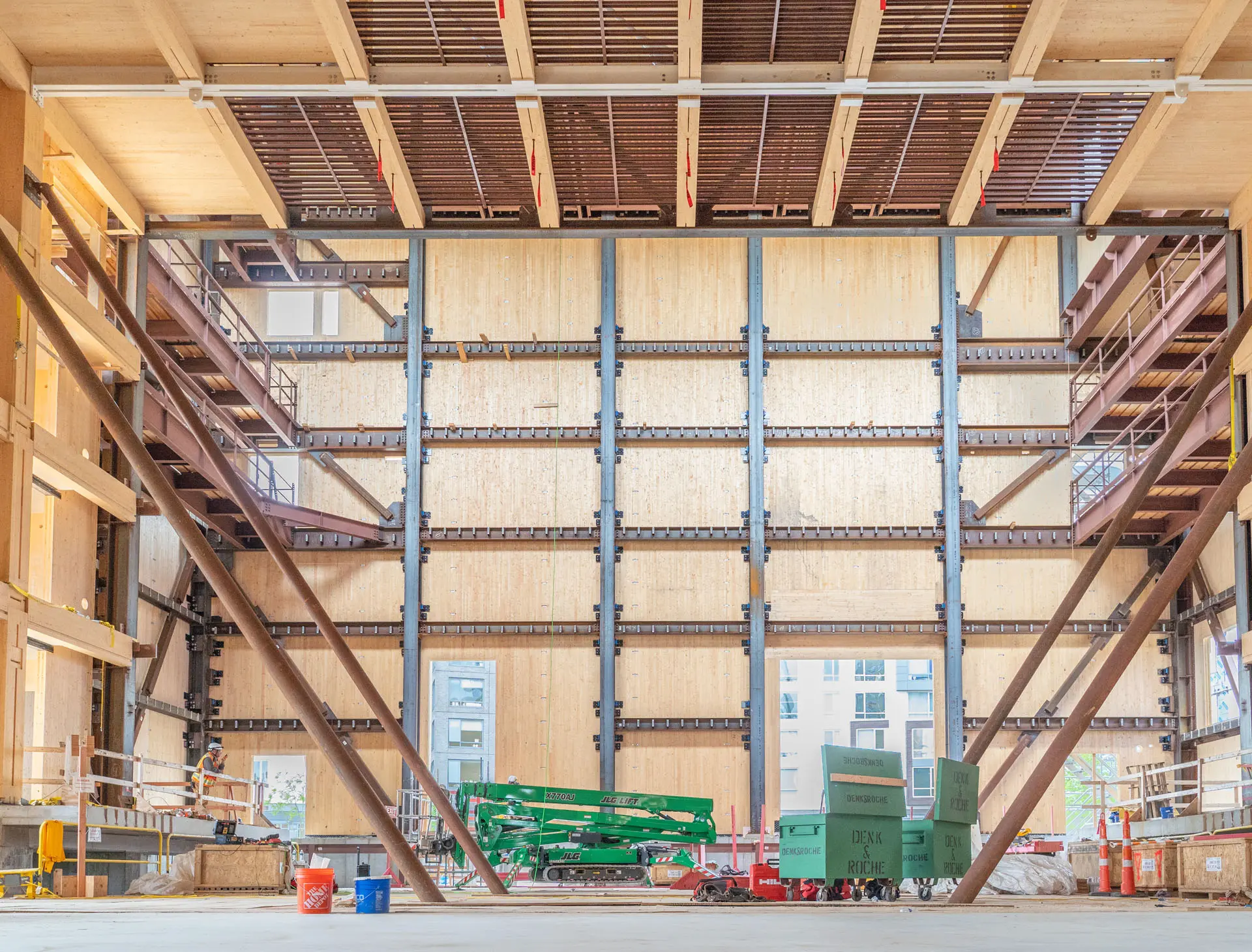 Interior image of multi-story steel and timber Harvard University American Repertory Theatre under construction