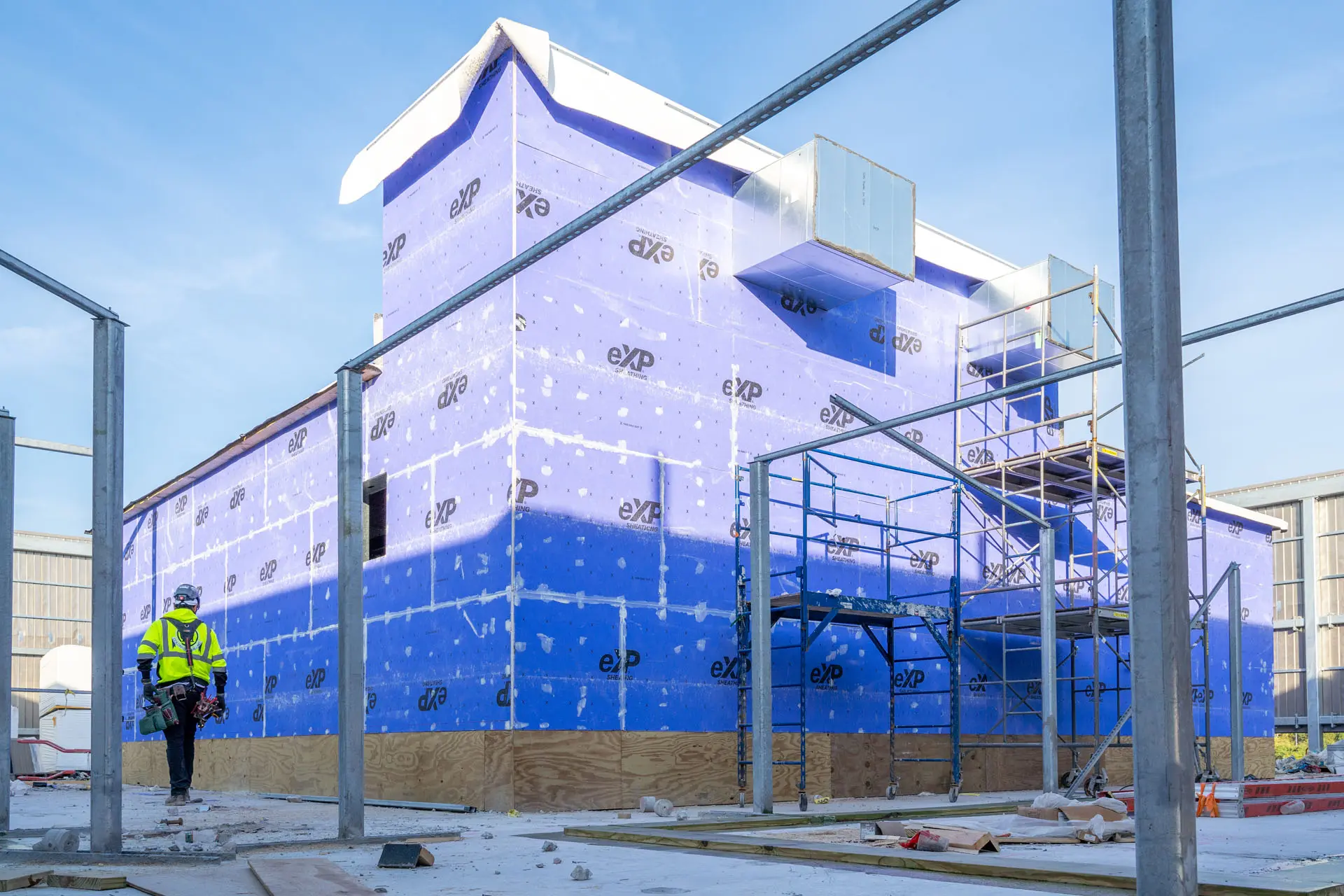 Interior walls of Riverside Labs under construction with aluminum beams