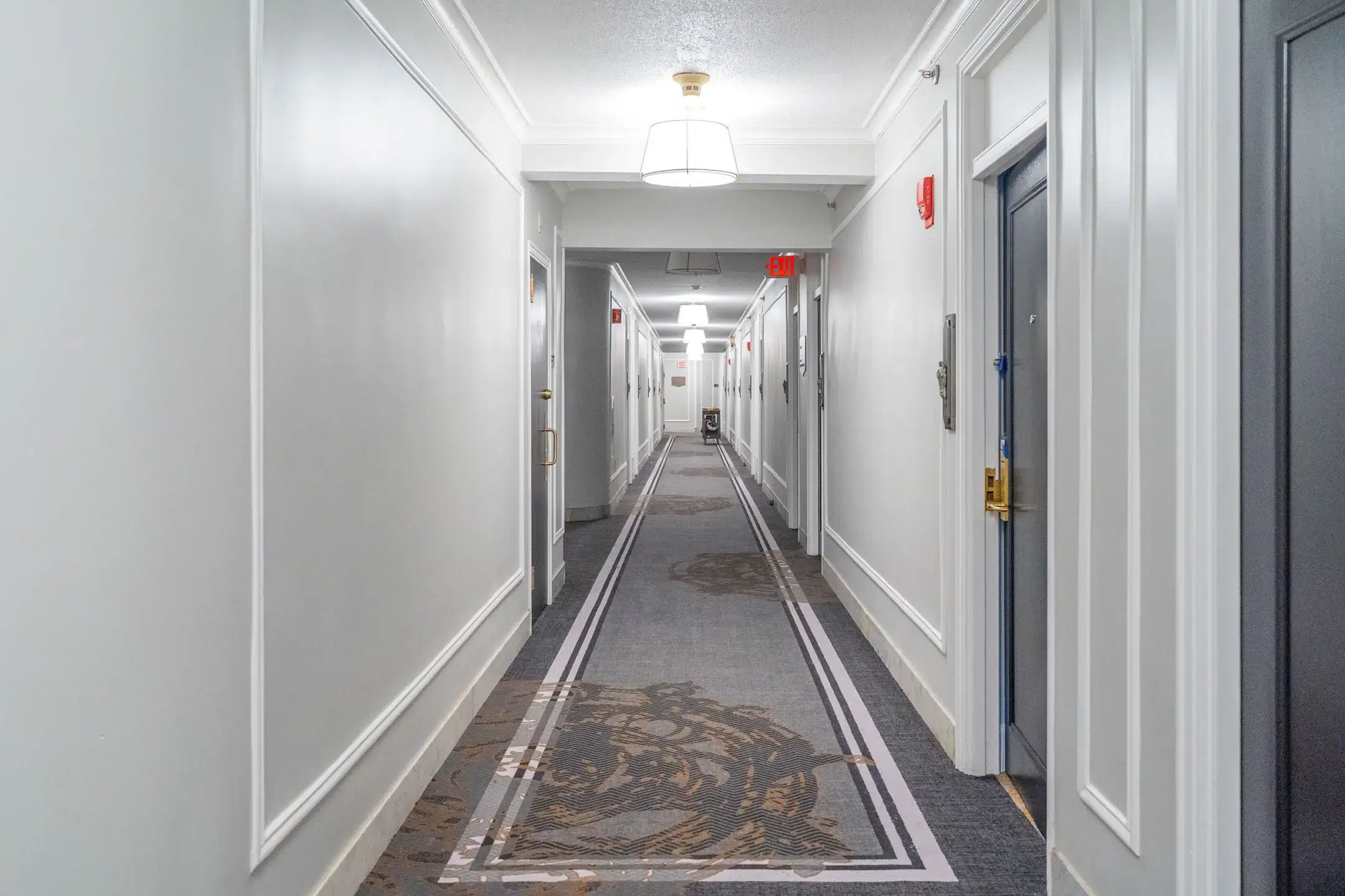 Decadent hallway with white walls and gray carpeted floor