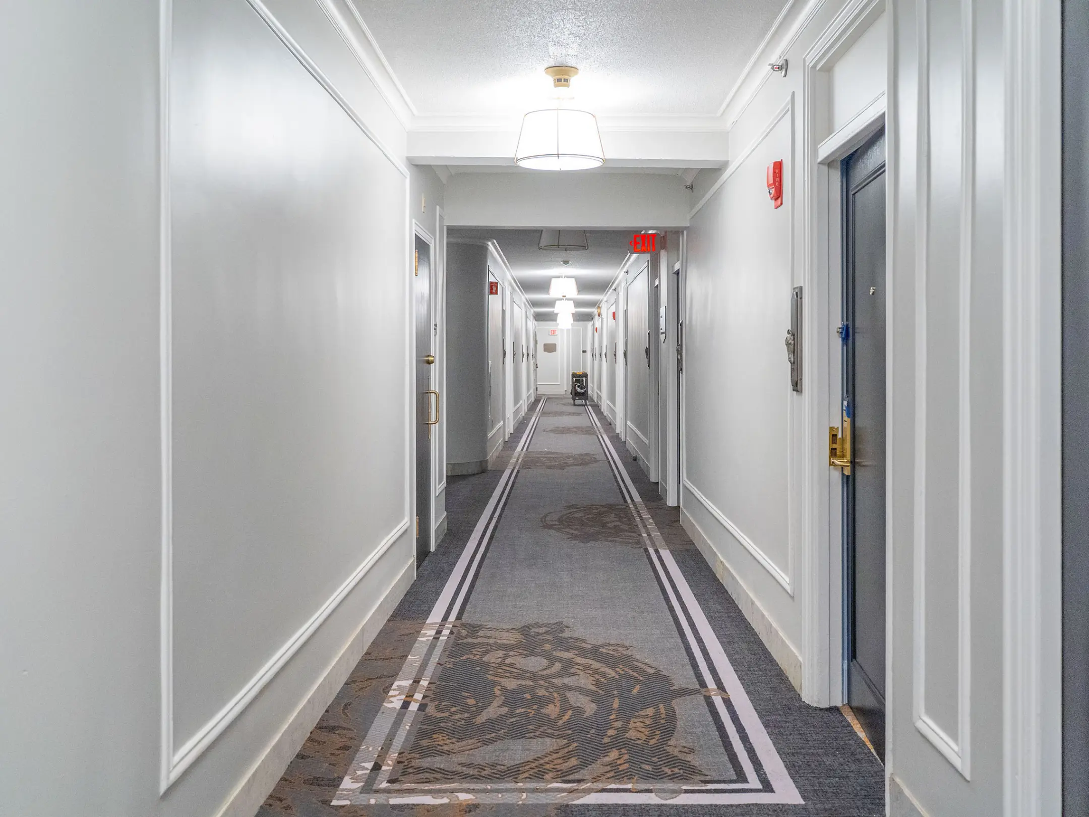 Decadent hallway with white walls and gray carpeted floor