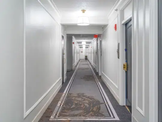 Decadent hallway with white walls and gray carpeted floor