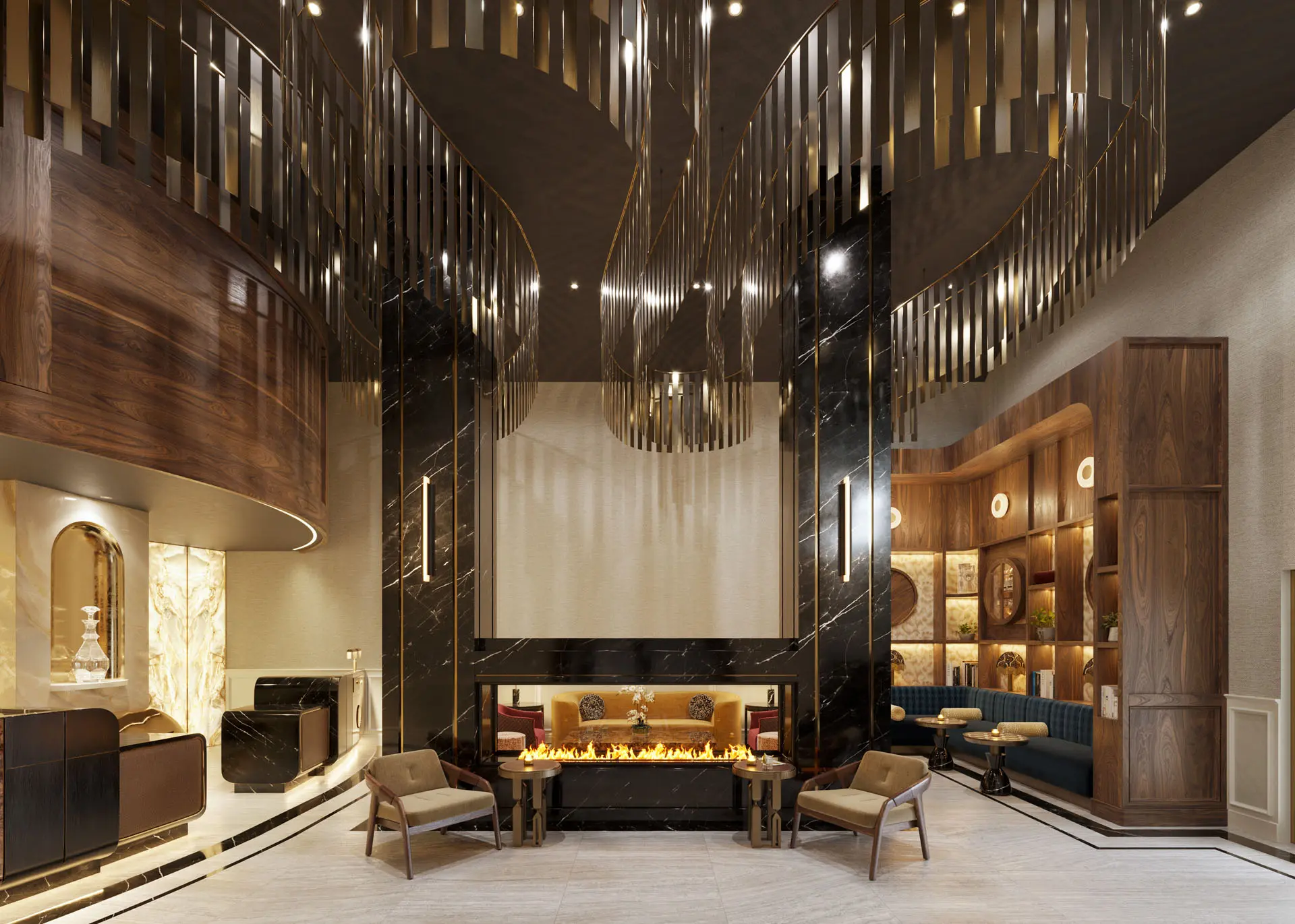 Rendering of luxurious fireplace with curving slatted chandelier, marble walls, and wooden bookshelf