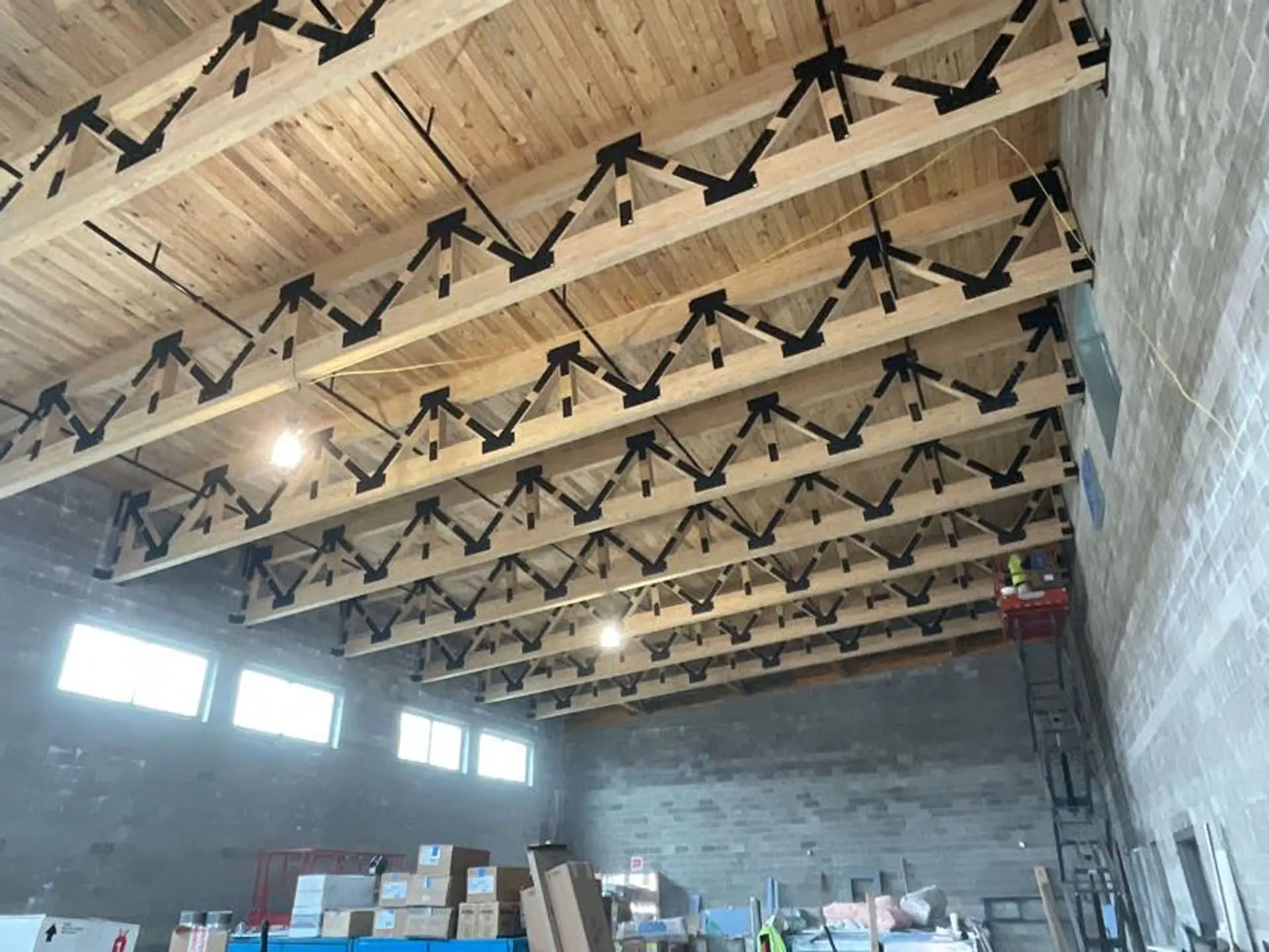 timber trusses installed in Eden Park Elementary School