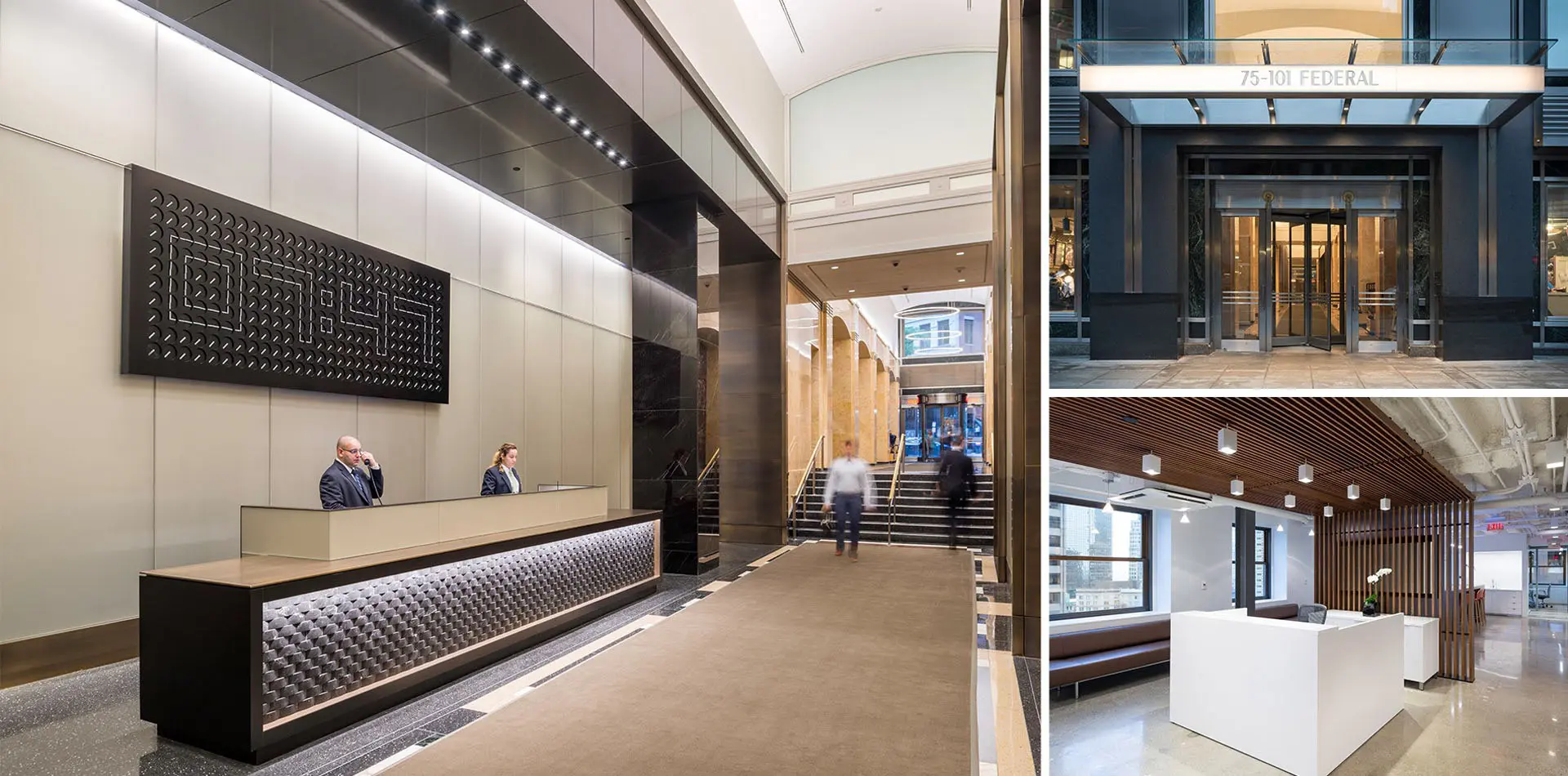 Three image collage of concierge desk, hotel facade and interior lobby area