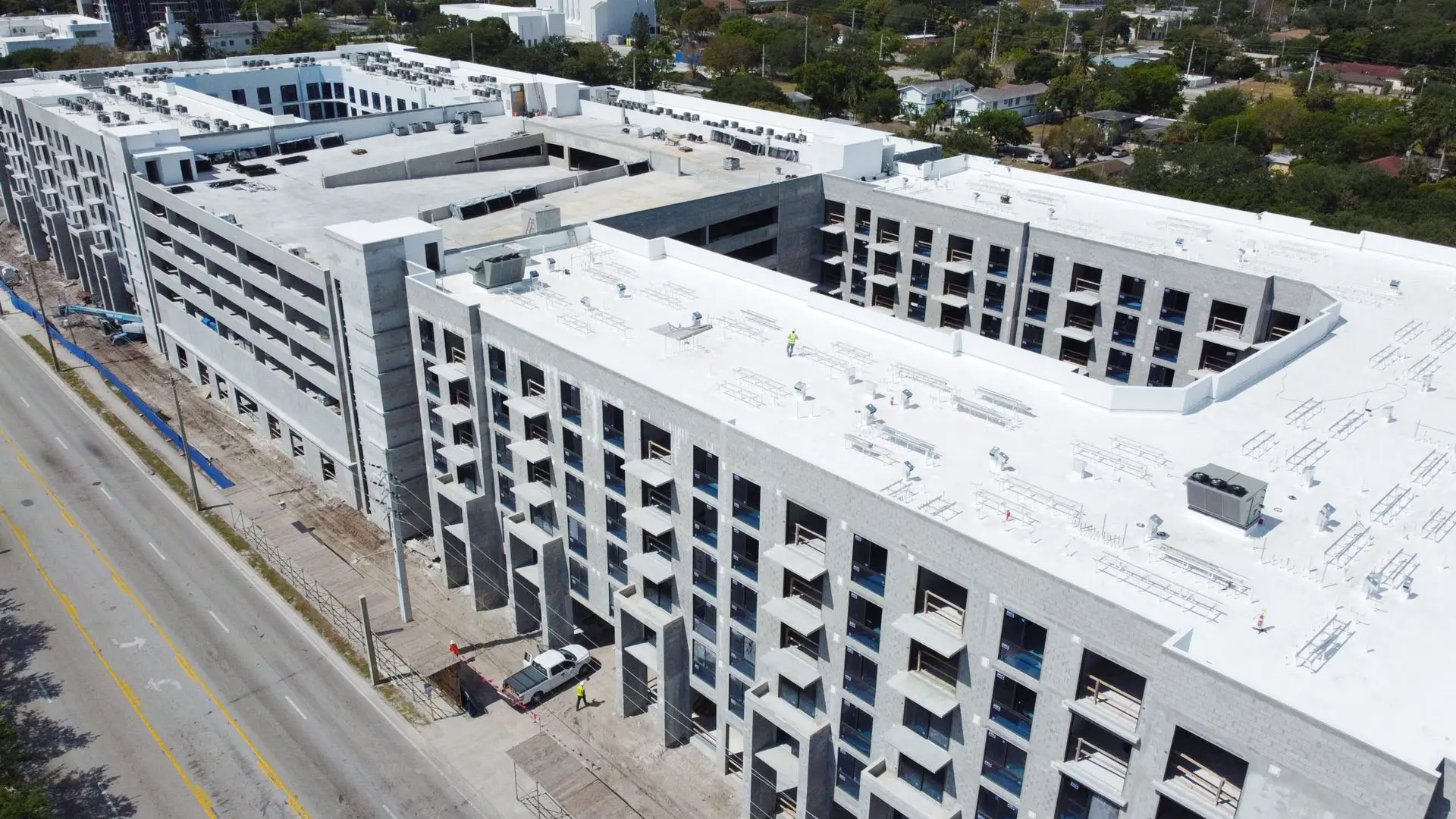 Overhead view of concrete multistory building