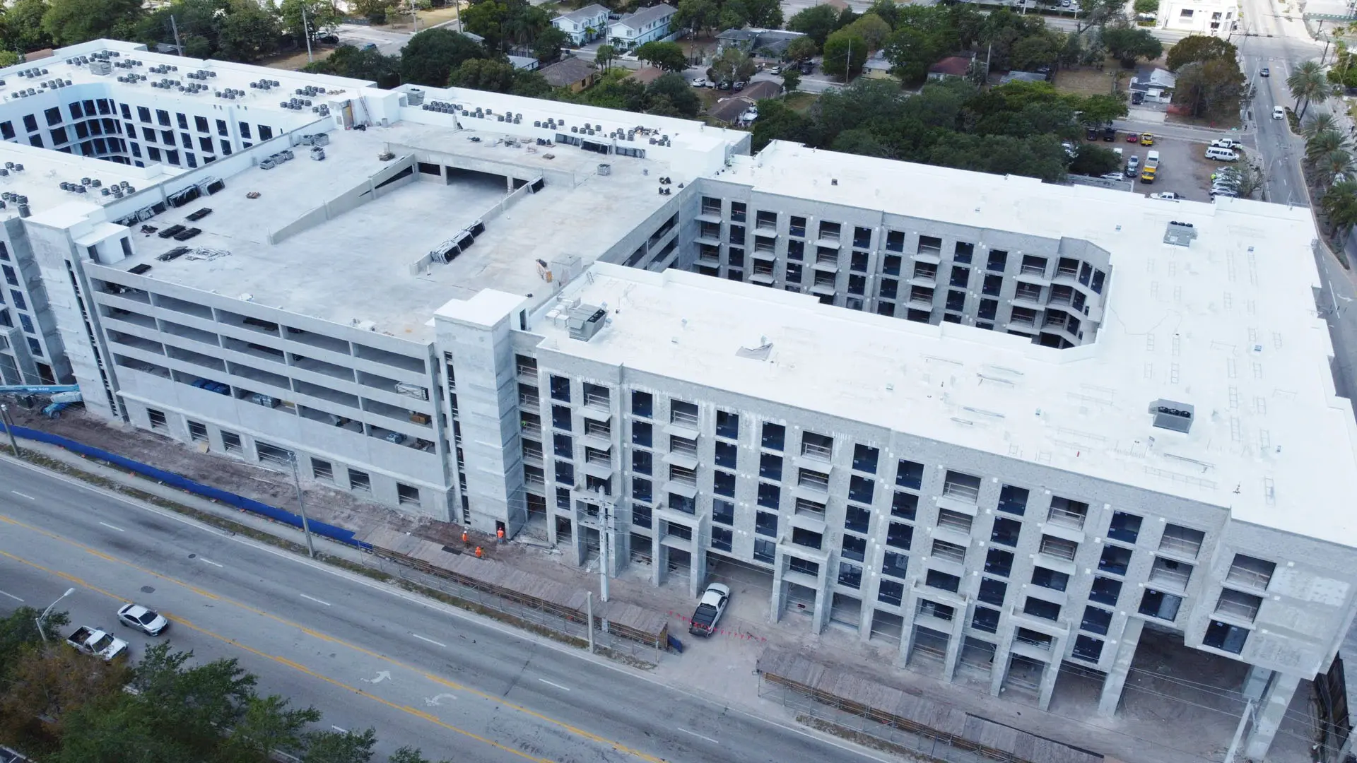 Overhead view of concrete multistory building