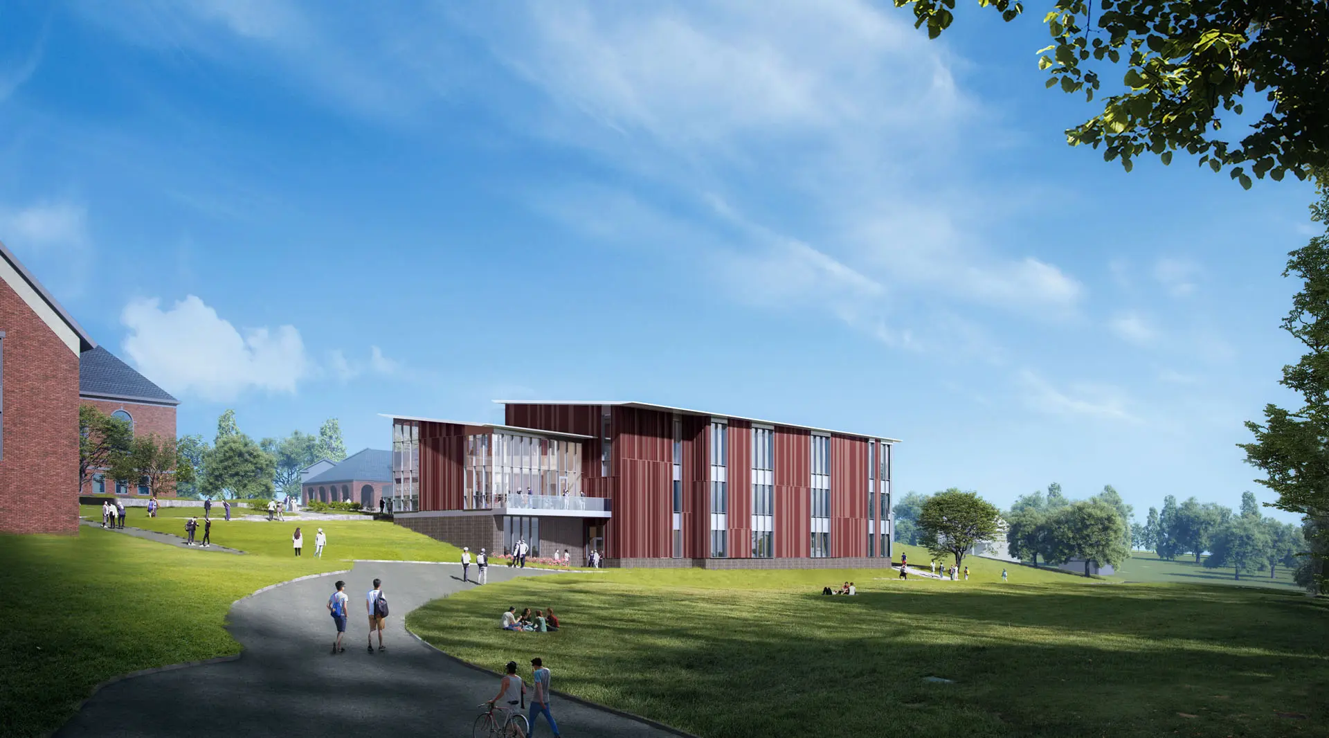 rendering of red and glass sided science lab at Pomfret Academy on hill