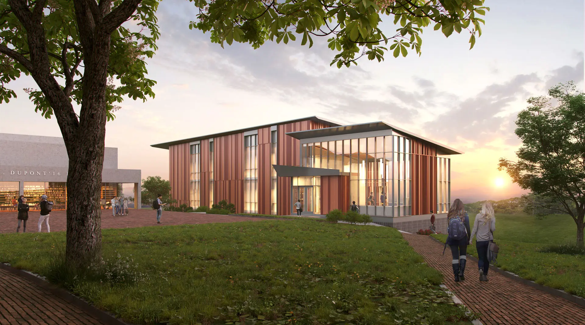 rendering of red and glass sided science lab at Pomfret Academy