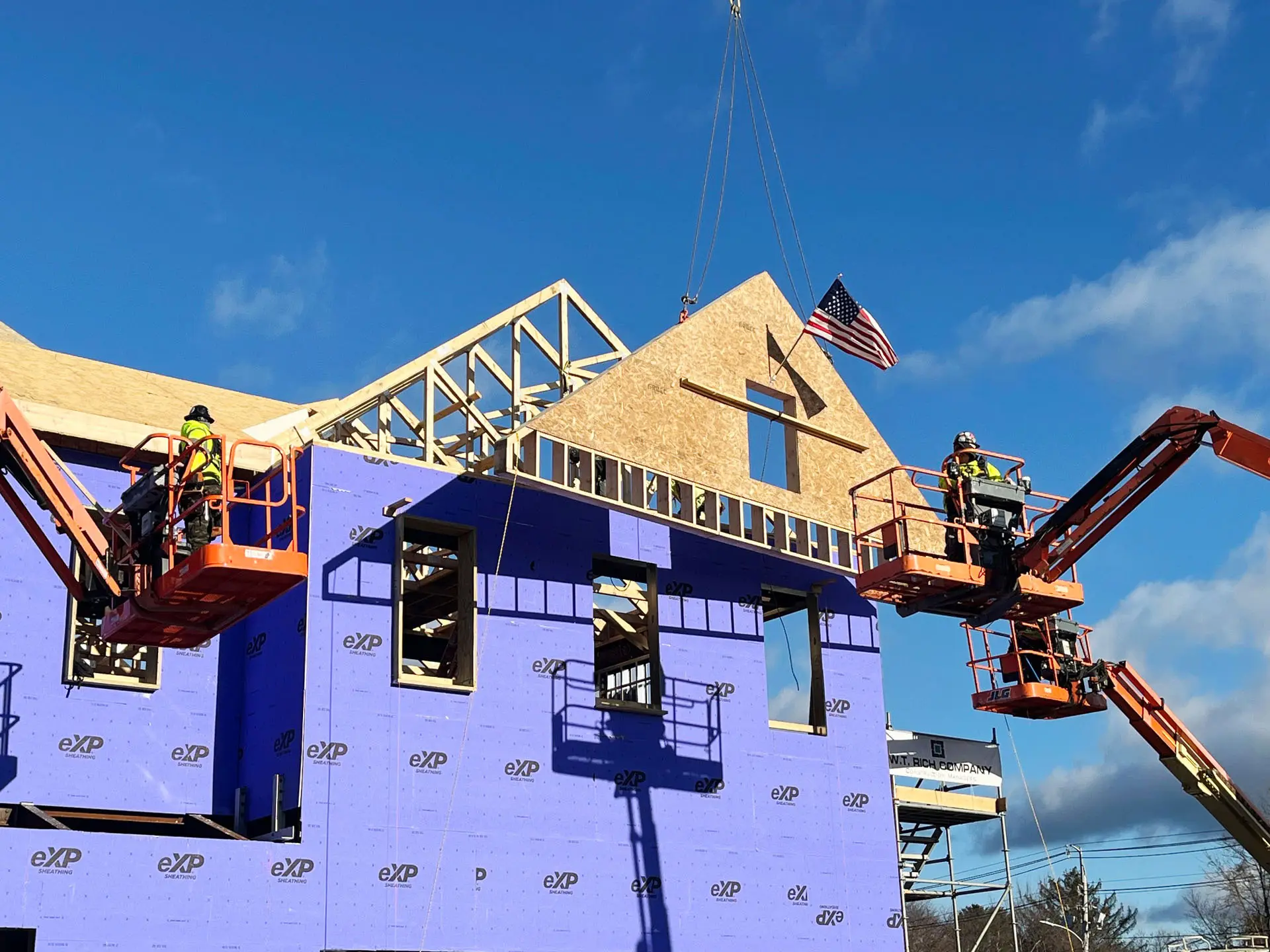Roof truss being placed by workers at Middleton Municipal Complex